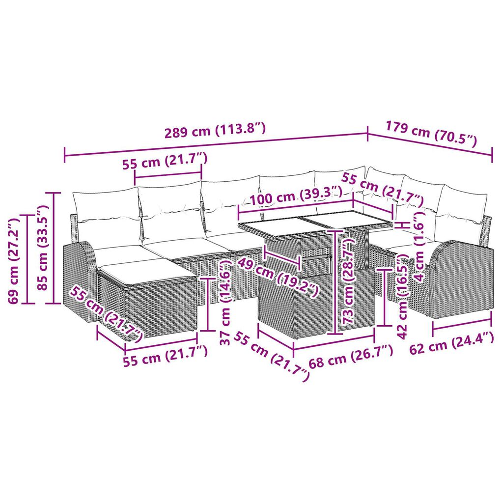 vidaXL Σετ Καναπέ Κήπου με μαξιλάρι 9 pcs μπεζ και ανοιχτό γκρι
