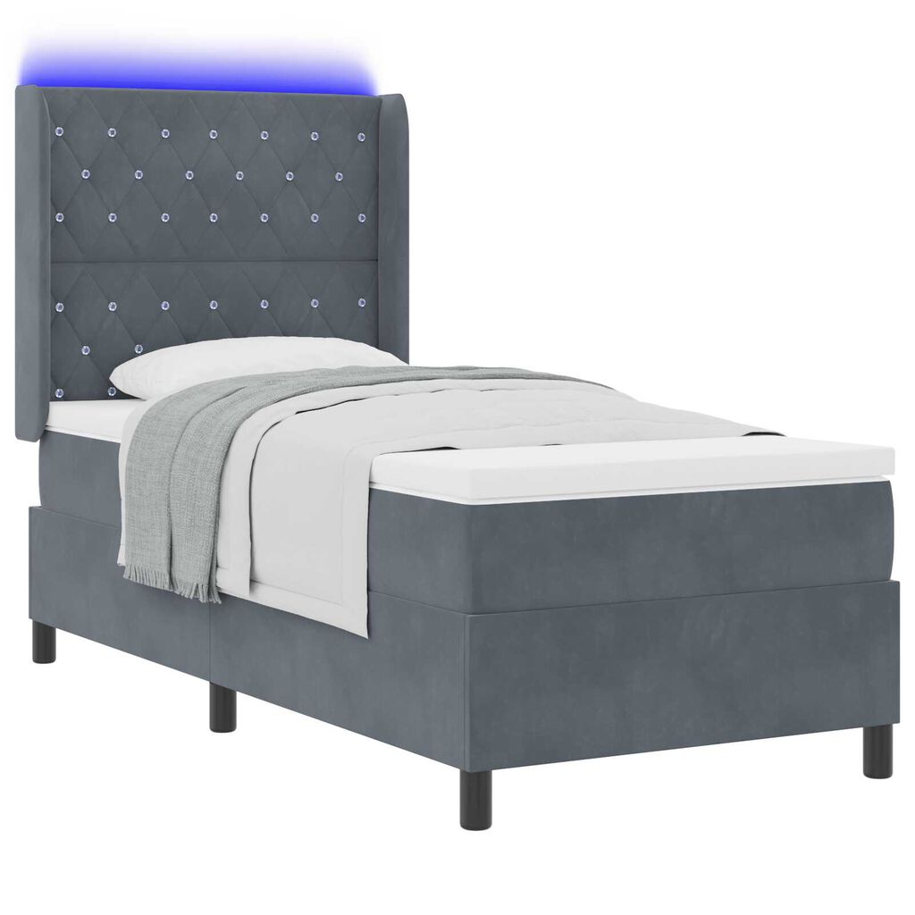 vidaXL Κρεβάτι Box Spring LED με Στρώμα Argyle Σκούρο γκρι 90 x 200 cm