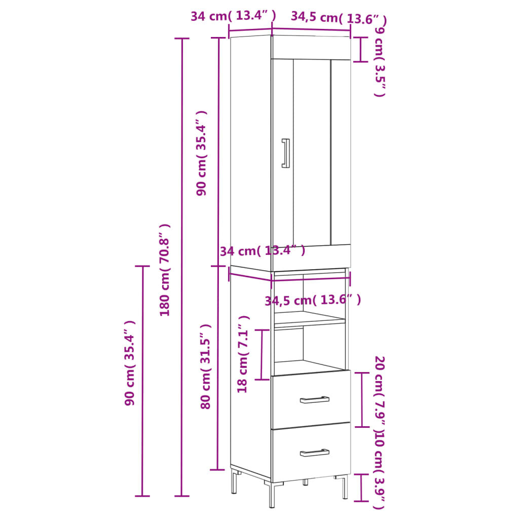 vidaXL Ντουλάπι Γυαλ. Λευκό 34,5 x 34 x 180 εκ. από Επεξεργασμένο Ξύλο