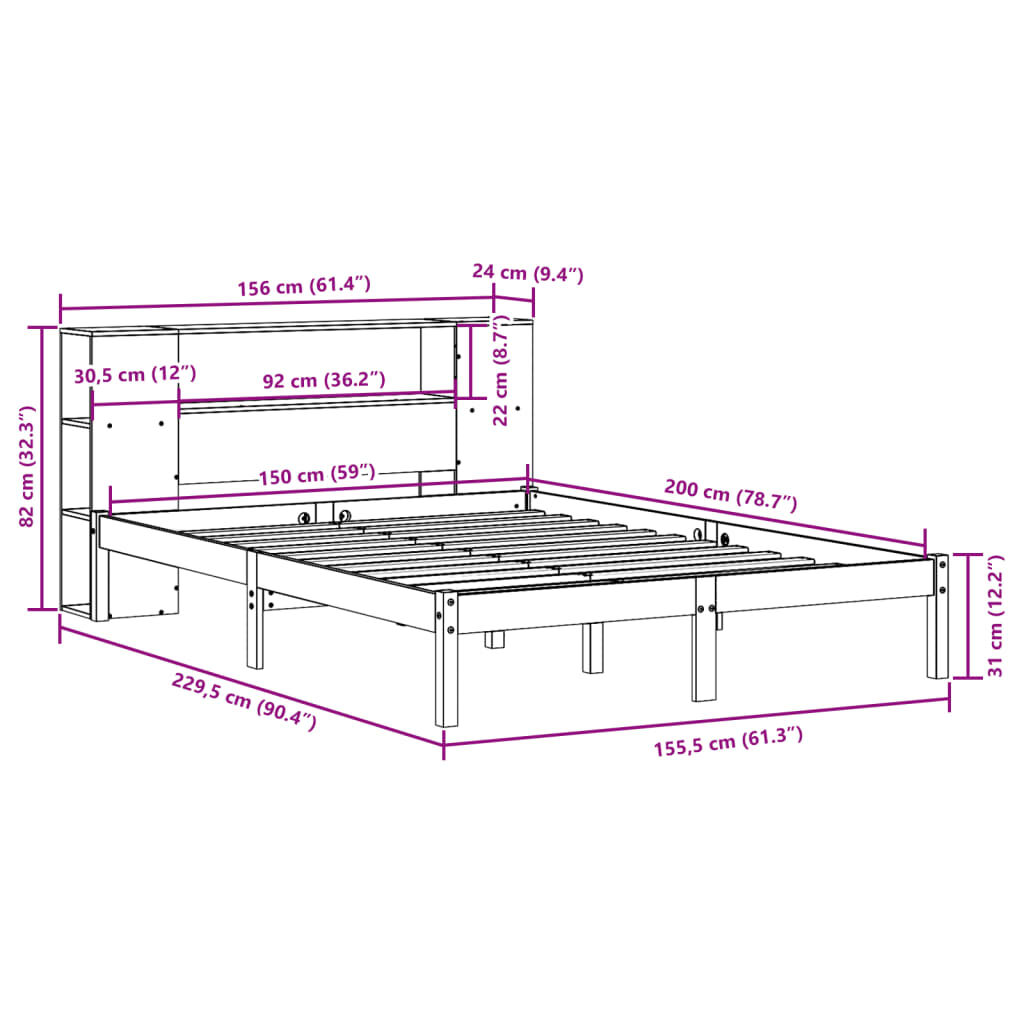 vidaXL Κρεβάτι Βιβλιοθήκη Χωρίς Στρώμα 150x200 εκ Μασίφ Ξύλο Πεύκου
