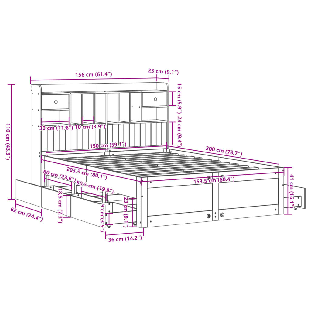 vidaXL Κρεβάτι Βιβλιοθήκη Χωρίς Στρώμα 150x200 εκ Μασίφ Ξύλο Πεύκου