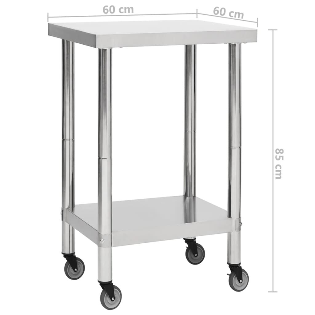 vidaXL Πάγκος Εργασίας Κουζίνας με Ροδάκια 60x60x85 εκ Ανοξείδ. Ατσάλι