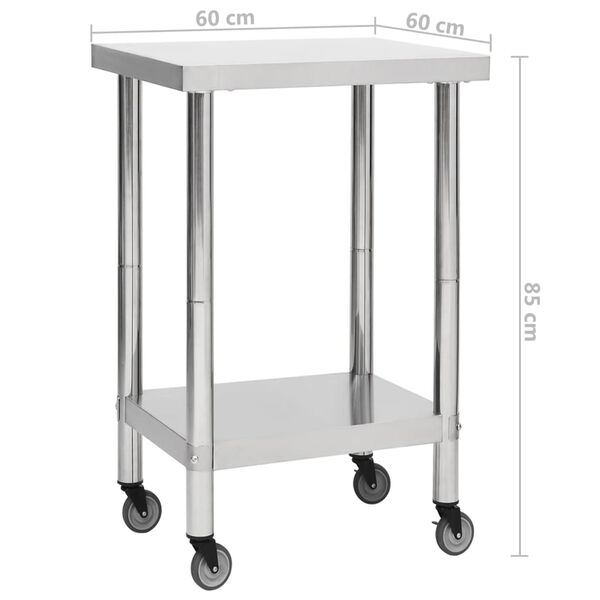 vidaXL Πάγκος Εργασίας Κουζίνας με Ροδάκια 60x60x85 εκ Ανοξείδ. Ατσάλι