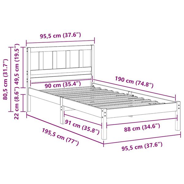 vidaXL Σκελετός Κρεβατιού Λευκό 90 x 190 cm Μασίφ ξύλο πεύκου