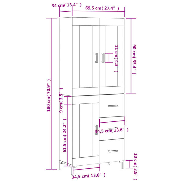 vidaXL Ντουλάπι Γκρι Σκυροδέματος 69,5x34x180 εκ. Επεξεργασμένο Ξύλο