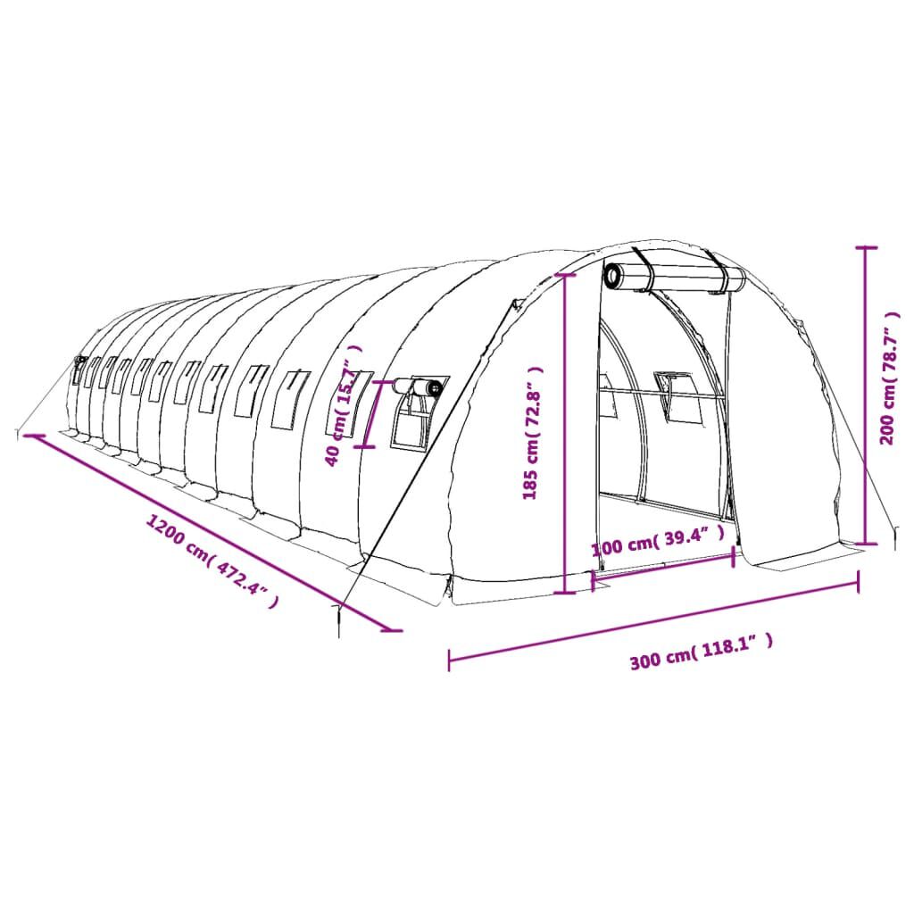 vidaXL Θερμοκήπιο Πράσινο 36 μ² 12 x 3 x 2 μ. με Ατσάλινο Πλαίσιο