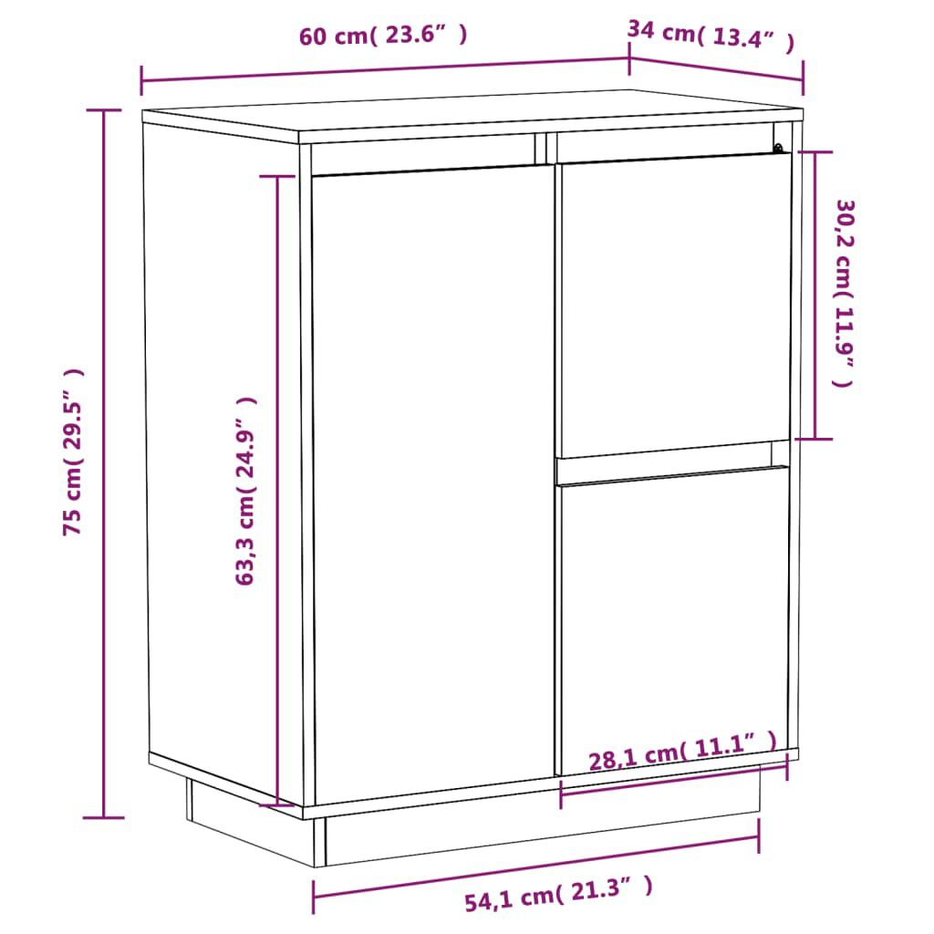 vidaXL Ντουλάπι Λευκό 60 x 34 x 75 εκ. από Μασίφ Ξύλο Πεύκου
