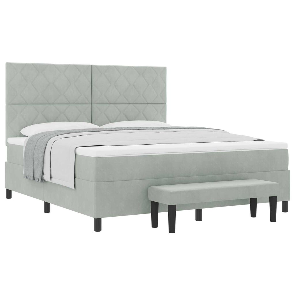 vidaXL Κρεβάτι Box Spring με Στρώμα & Πάγκο Ανοιχτό Γκρι 180x200 εκ. Βελούδινο