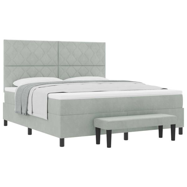vidaXL Κρεβάτι Box Spring με Στρώμα & Πάγκο Ανοιχτό Γκρι 180x200 εκ. Βελούδινο