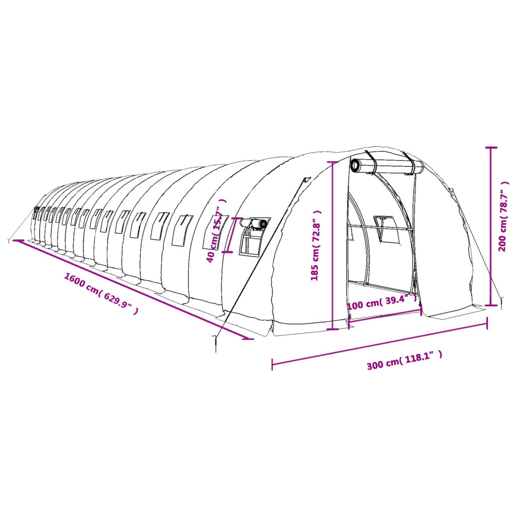 vidaXL Θερμοκήπιο Πράσινο 48 μ² 16 x 3 x 2 μ. με Ατσάλινο Πλαίσιο