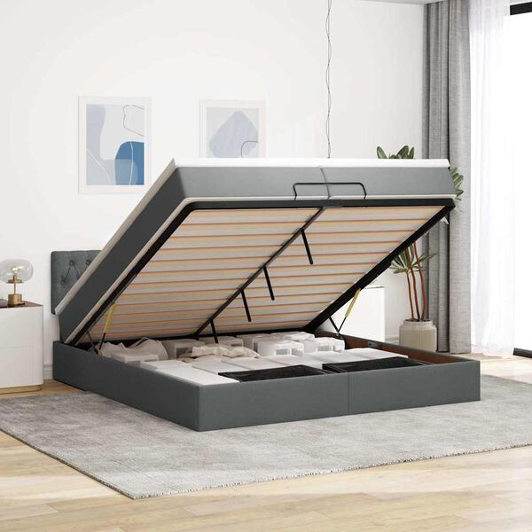 vidaXL Οθωμανικό κρεβάτι με στρώματα&LEDs Σκούρο γκρι 200x200cm ύφασμα