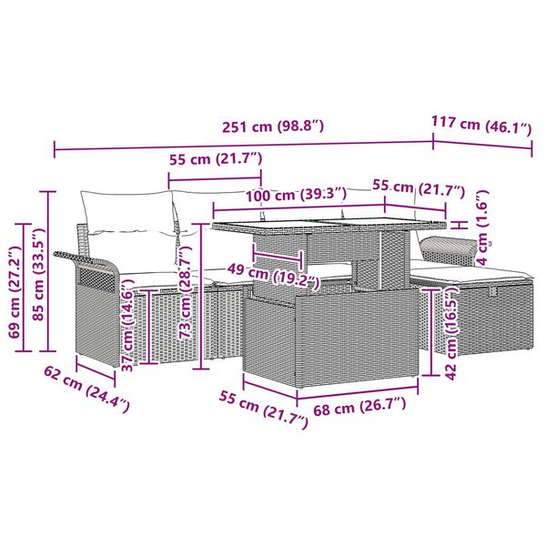 vidaXL Σετ Καναπέ Κήπου με μαξιλάρι 6 pcs Γκρι Πολυ ράταν