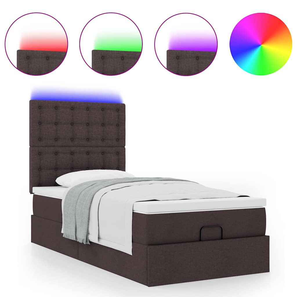 vidaXL Οθωμανικό κρεβάτι με στρώμα & LEDs Σκούρο καφέ 90x190cm ύφασμα