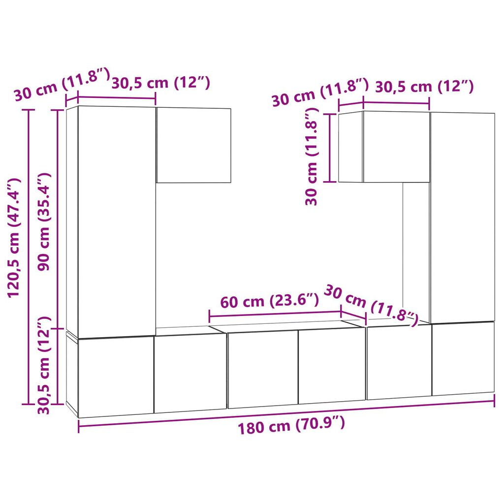 vidaXL Σετ επίπλου τηλεόρασης 7 pcs Μαύρη Δρυς 180 x 30 x 120 εκ.