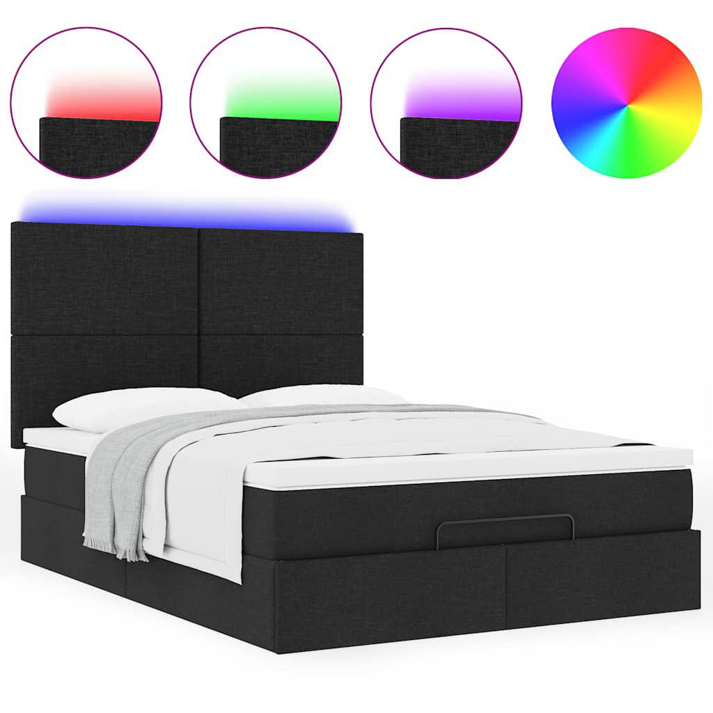 vidaXL Οθωμανικό κρεβάτι με στρώμα & LEDs Μαύρο 140x190 cm Ύφασμα
