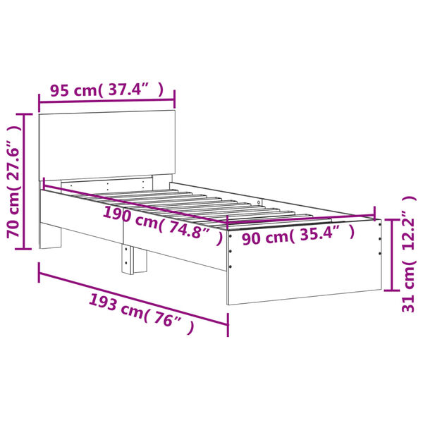 vidaXL Πλαίσιο Κρεβατιού με Κεφαλάρι/LED Sonoma δρυς 90x190 εκ.