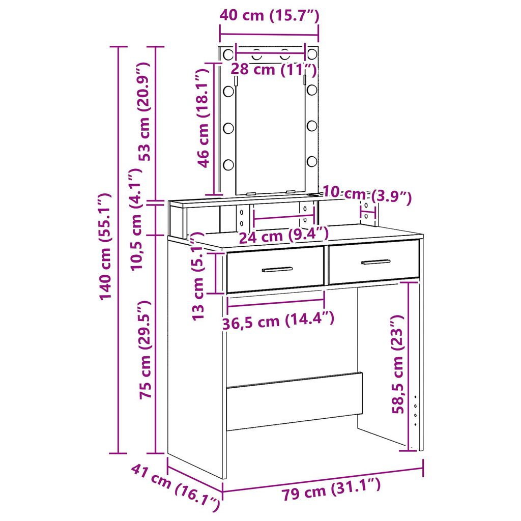 vidaXL Τουαλέτα με Φωτισμό LED Λευκή 79x41x140 εκ.