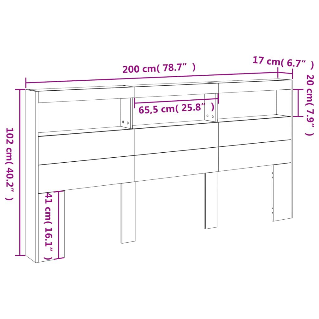 vidaXL Κεφαλάρι με Αποθηκ. Χώρο & LED Γκρι Σκυρ. 200x17x102 εκ.