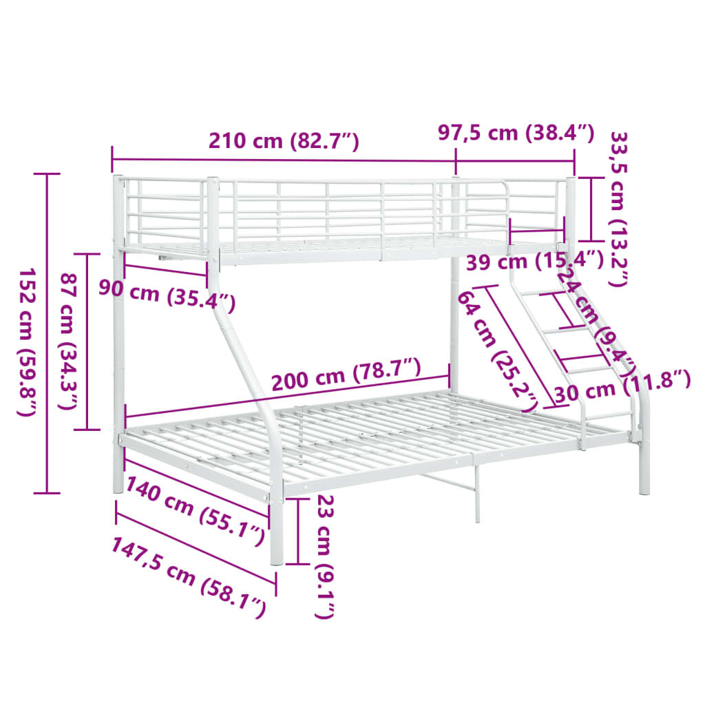 vidaXL Πλαίσιο Κουκέτας Λευκό 140x200 εκ. / 90x200 εκ. Μεταλλικό