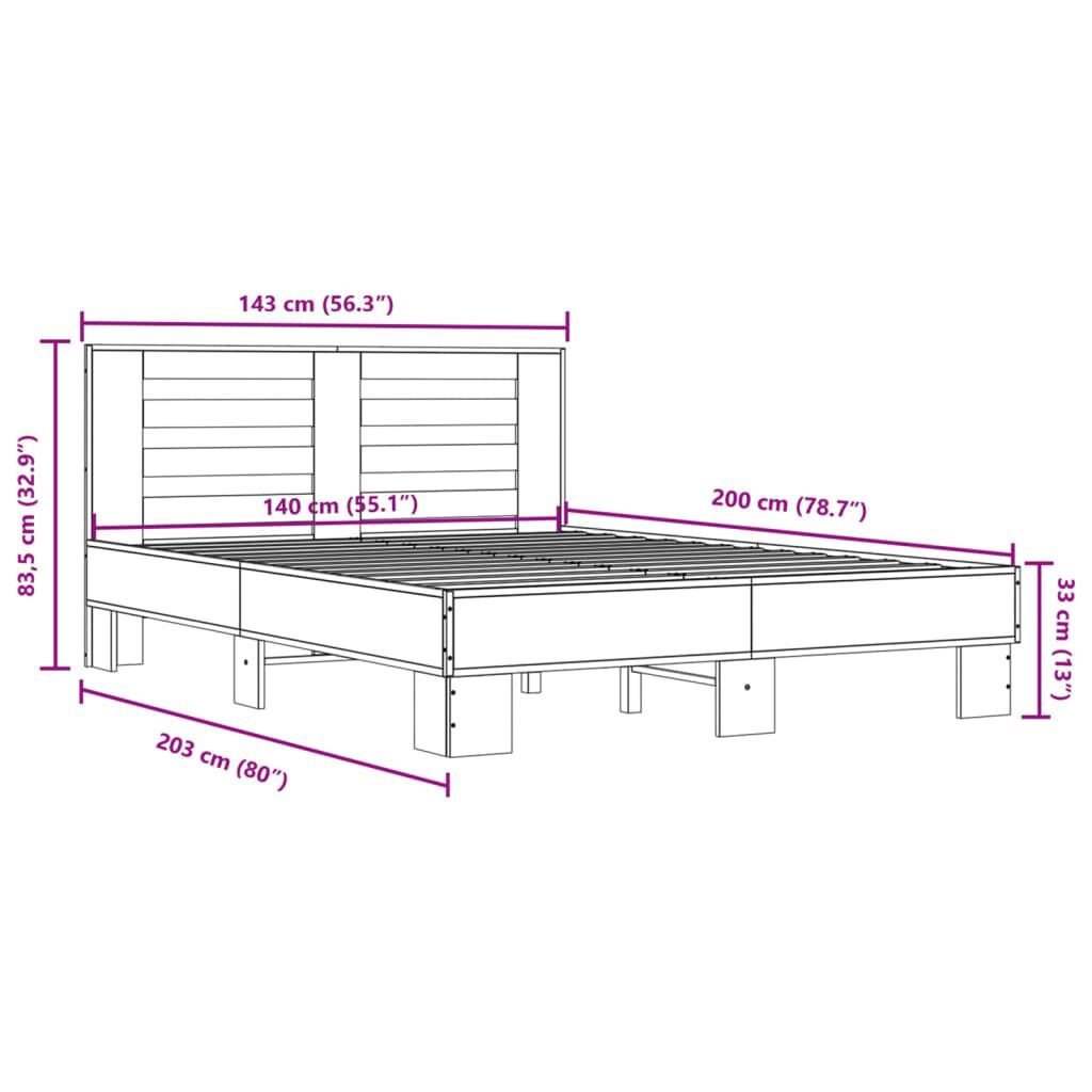 vidaXL Πλαίσιο Κρεβατιού Sonoma Δρυς 140x200 εκ. Επεξ. Ξύλο & Μέταλλο