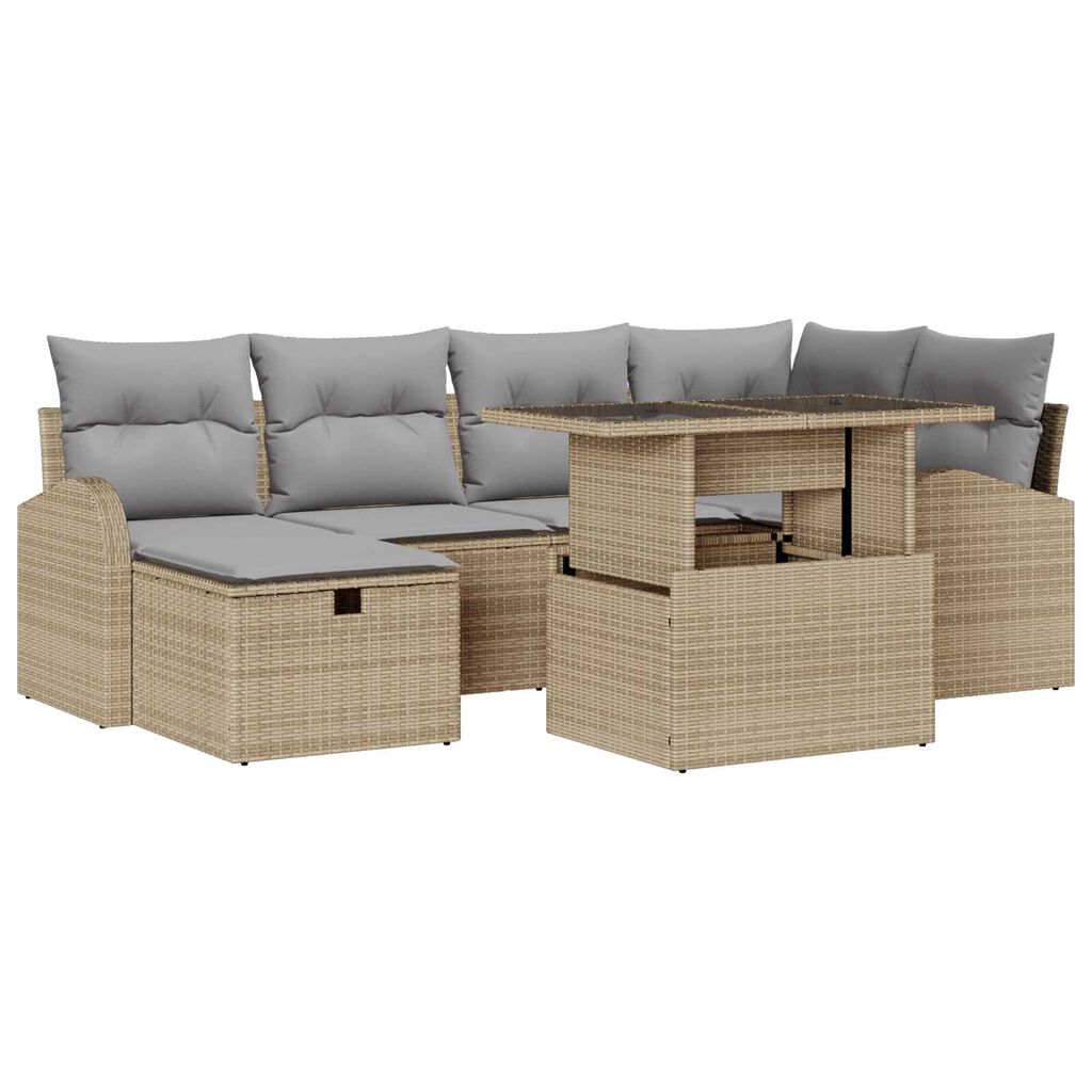 vidaXL Σετ Καναπέ Κήπου με μαξιλάρι 7 pcs Μπεζ Πολυ ράταν