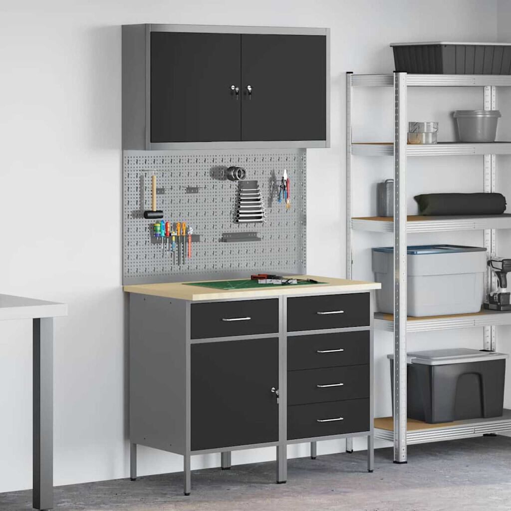vidaXL Πάγκος εργασίας με συρτάρι 5 pcs Μαύρο 100 x 55 x 200 εκ Ατσάλι