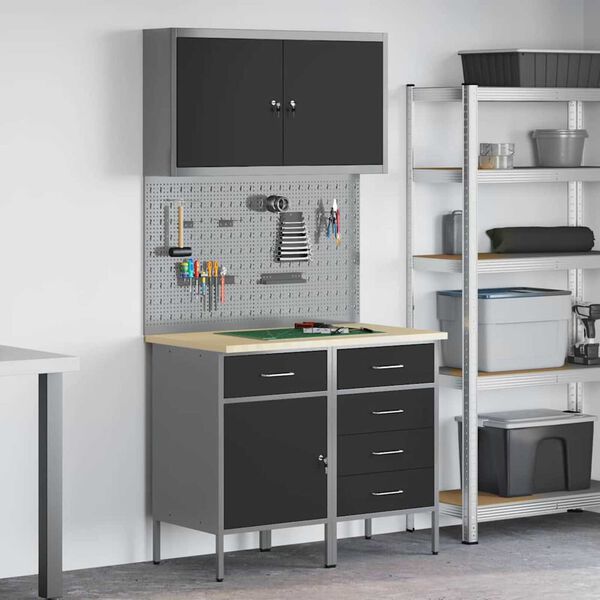 vidaXL Πάγκος εργασίας με συρτάρι 5 pcs Μαύρο 100 x 55 x 200 εκ Ατσάλι