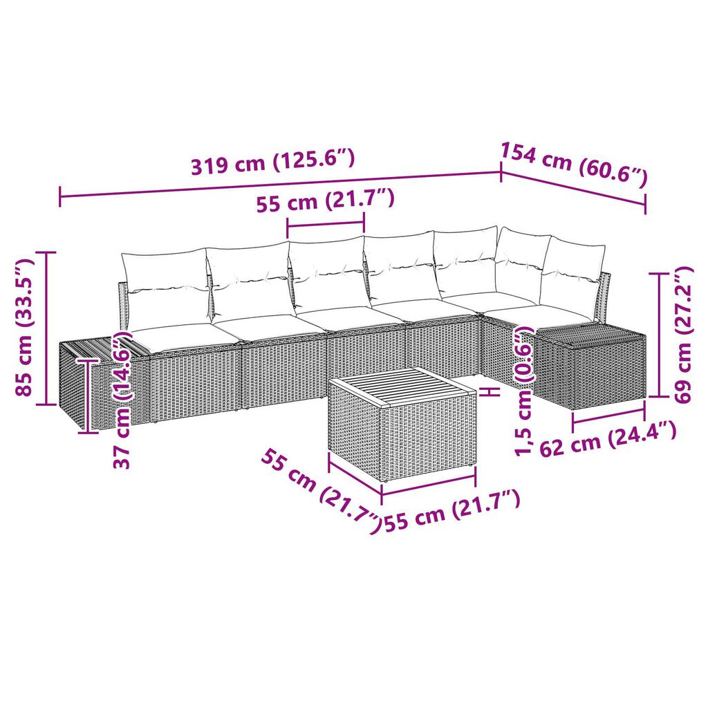 vidaXL Σετ Καναπέ Κήπου 7 pcs Μαύρο Ρατάν πολυαιθυλενίου & Ατσάλι