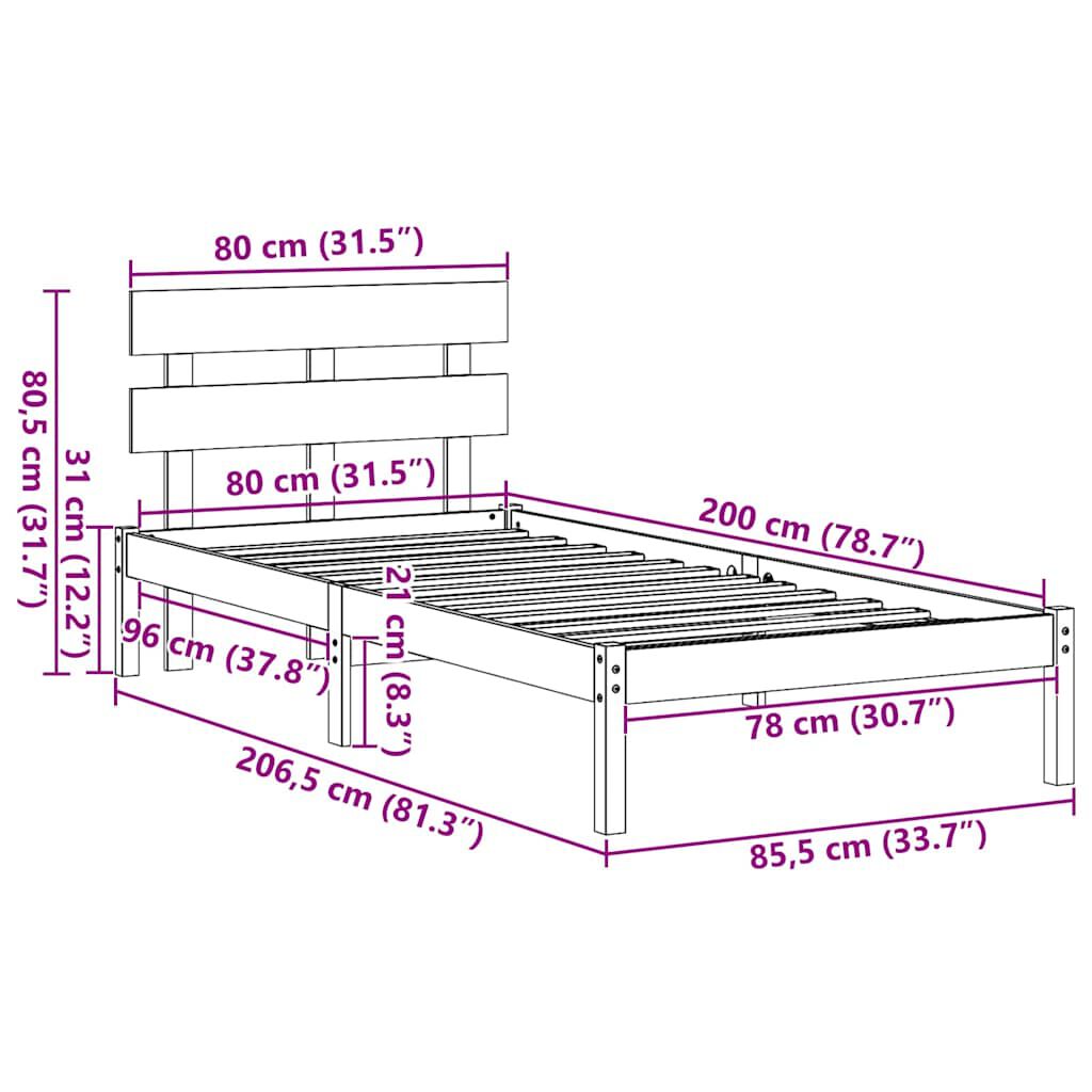 vidaXL Σκελετός Κρεβατιού Καφέ 80 x 200 cm Μασίφ ξύλο πεύκου