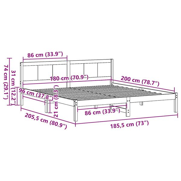 vidaXL Σκελετός Κρεβατιού Καφέ 180 x 200 cm Μασίφ ξύλο πεύκου