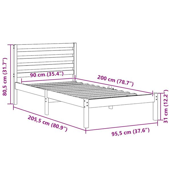 vidaXL Σκελετός Κρεβατιού Καφέ κεριού 90 x 200 cm Μασίφ ξύλο πεύκου