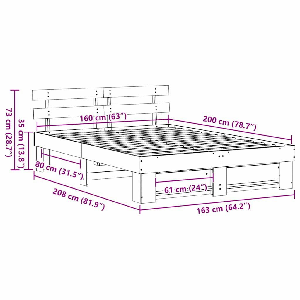 vidaXL Σκελετός Κρεβατιού Καφέ 160 x 200 cm Μασίφ ξύλο πεύκου