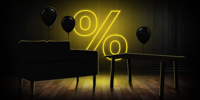  Μαύρος καναπές και ξύλινο τραπέζι με μαύρα μπαλόνια μπροστά από ένα φωτεινό κίτρινο σημάδι ποσοστού σε σκούρο ξύλινο πάτωμα.