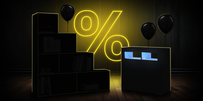  Μαύρες αρθρωτές μονάδες αποθήκευσης με μαύρα μπαλόνια μπροστά από ένα φωτεινό κίτρινο σημάδι ποσοστού σε σκούρο ξύλινο πάτωμα.