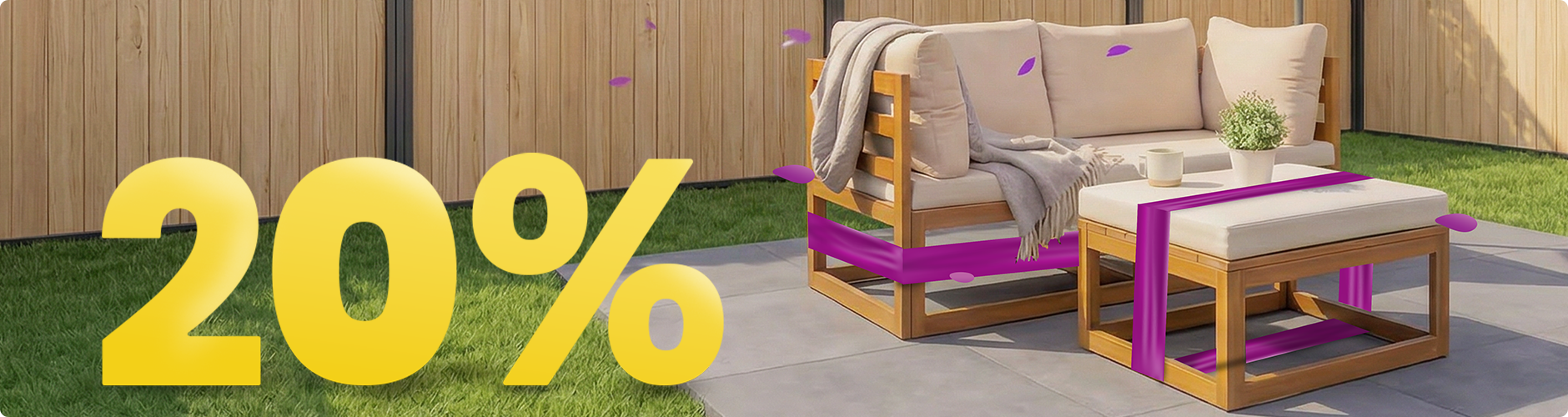 Ξύλινος καναπές κήπου με μπεζ μαξιλάρια και τραπεζάκι κάτω από ομπρέλα σε ηλιόλουστη αυλή, με λουλούδια και φράχτη, με banner ανοιξιάτικης προσφοράς 20%.
