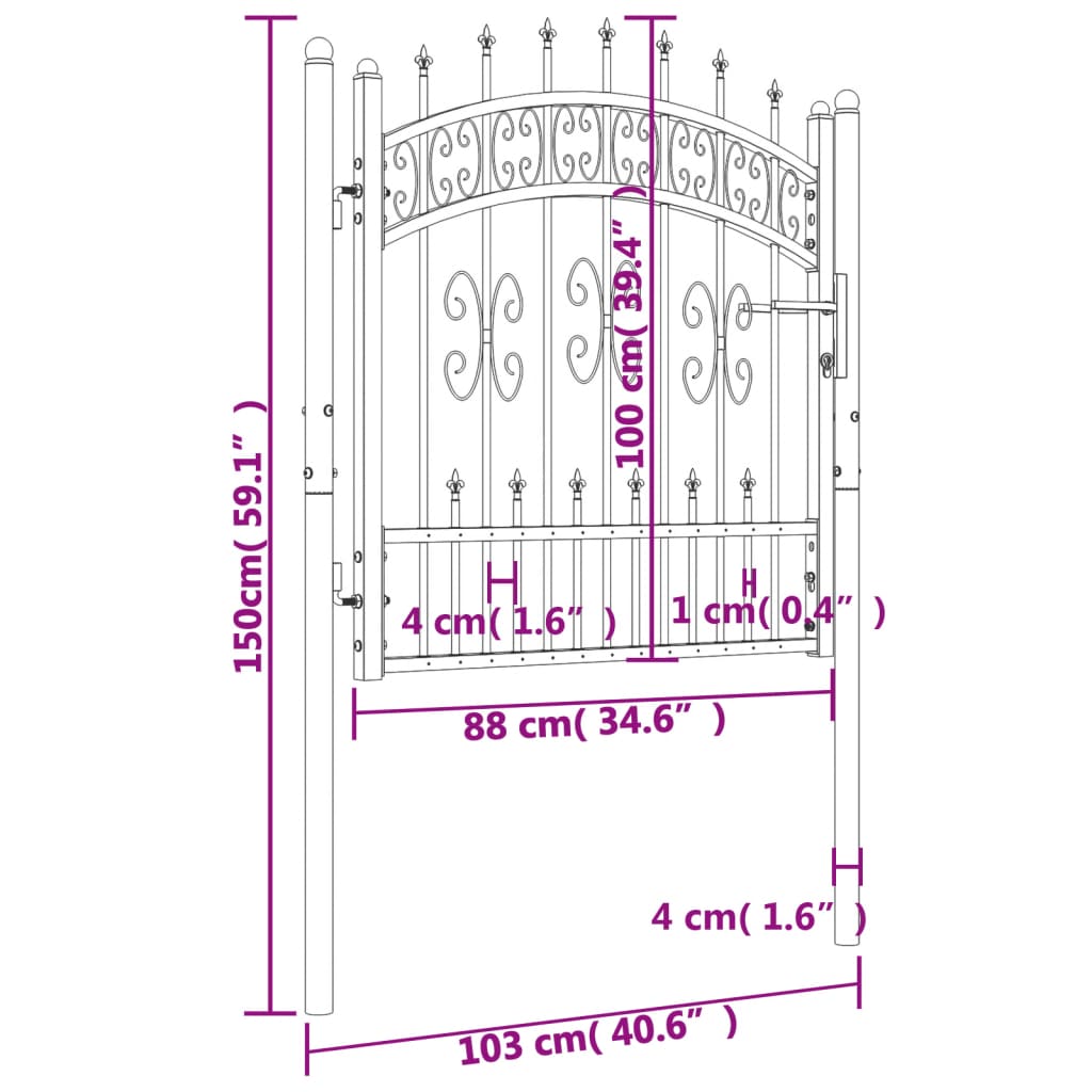 vidaXL Πόρτα Φράχτη με Ακίδες Μαύρη 103x150 εκ. Ατσάλι με Ηλεκτρ. Βαφή