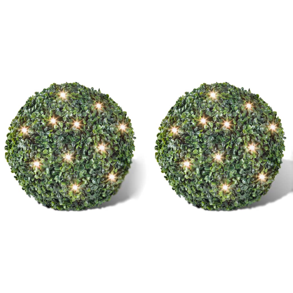 Πυξάρι Σχήμα Μπάλας με Τεχνητά Φύλλα & Φωτάκια LED Ηλιακά 2 τεμ 27 εκ.