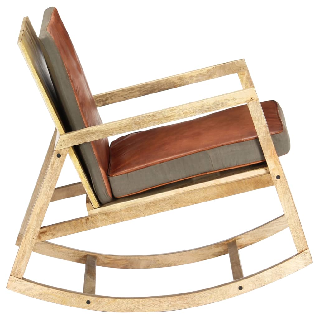 vidaXL Καρέκλα Κουνιστή Καφέ από Γνήσιο Δέρμα και Μασίφ Ξύλο Μάνγκο
