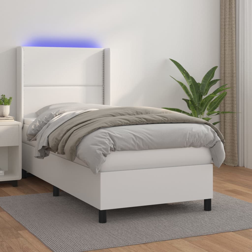 vidaXL Κρεβάτι Boxspring με Στρώμα & LED Λευκό 90x200 εκ. Συνθ. Δέρμα