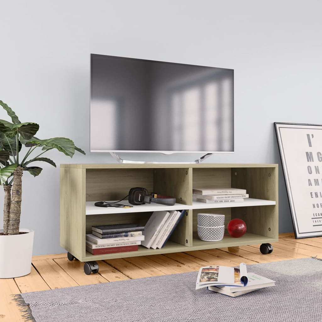 vidaXL Έπιπλο TV με Ρόδες Λευκό / Sonoma Δρυς 90x35x35 εκ. Μοριοσανίδα