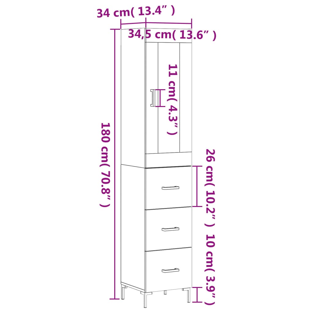 vidaXL Μπουφές Sonoma δρυς 34,5 x 34 x 180 εκ. από Επεξεργασμένο Ξύλο