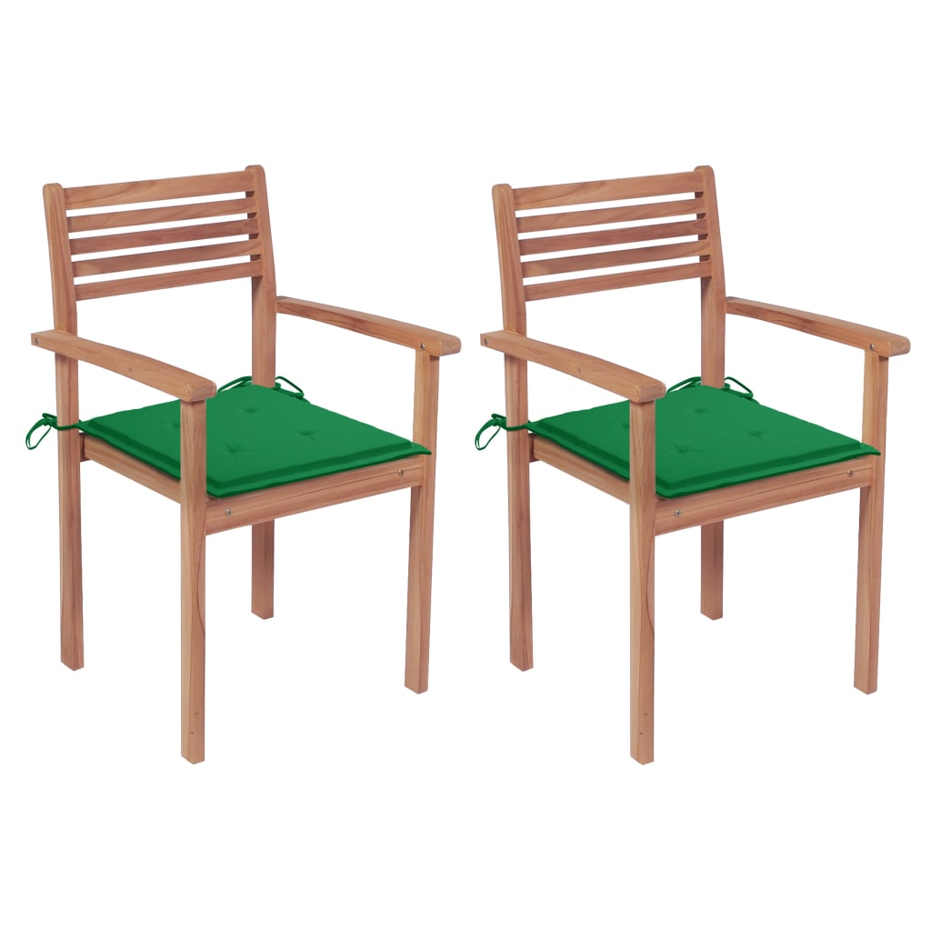 vidaXL Καρέκλες Κήπου 2 τεμ. από Μασίφ Ξύλο Teak με Πράσινα Μαξιλάρια