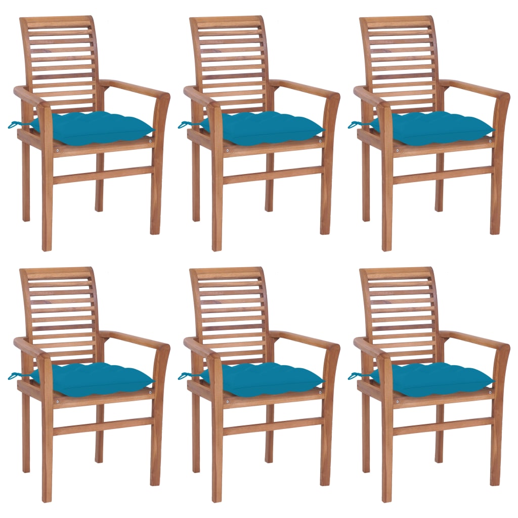 vidaXL Καρέκλες Τραπεζαρίας 6 τεμ. Μασίφ Ξύλο Teak & Γαλάζια Μαξιλάρια