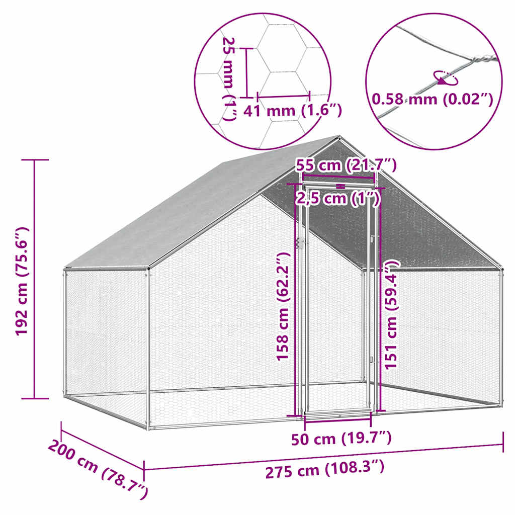 vidaXL Κοτέτσι - Κλουβί Εξωτ.Χώρου 2,75x2x1,92 μ. από Γαλβανισμένο Χάλυβα