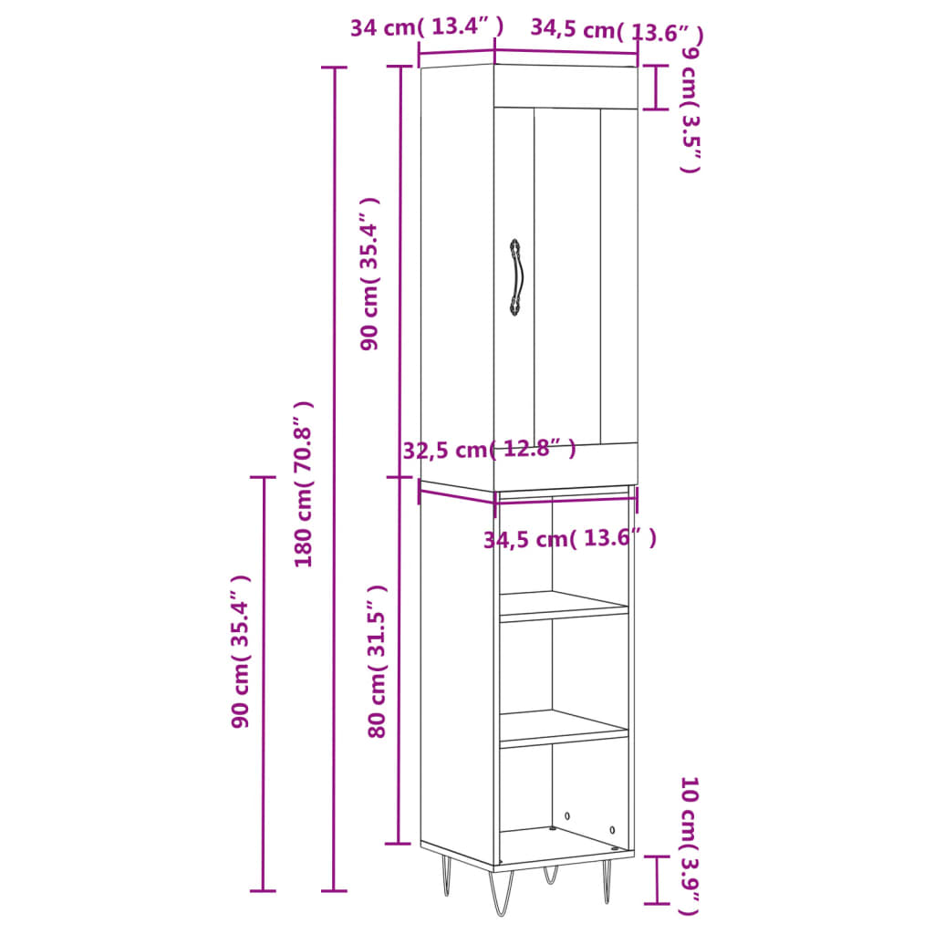 vidaXL Ντουλάπι Γκρι Σκυροδέματος 34,5x34x180 εκ. Επεξεργασμένο Ξύλο