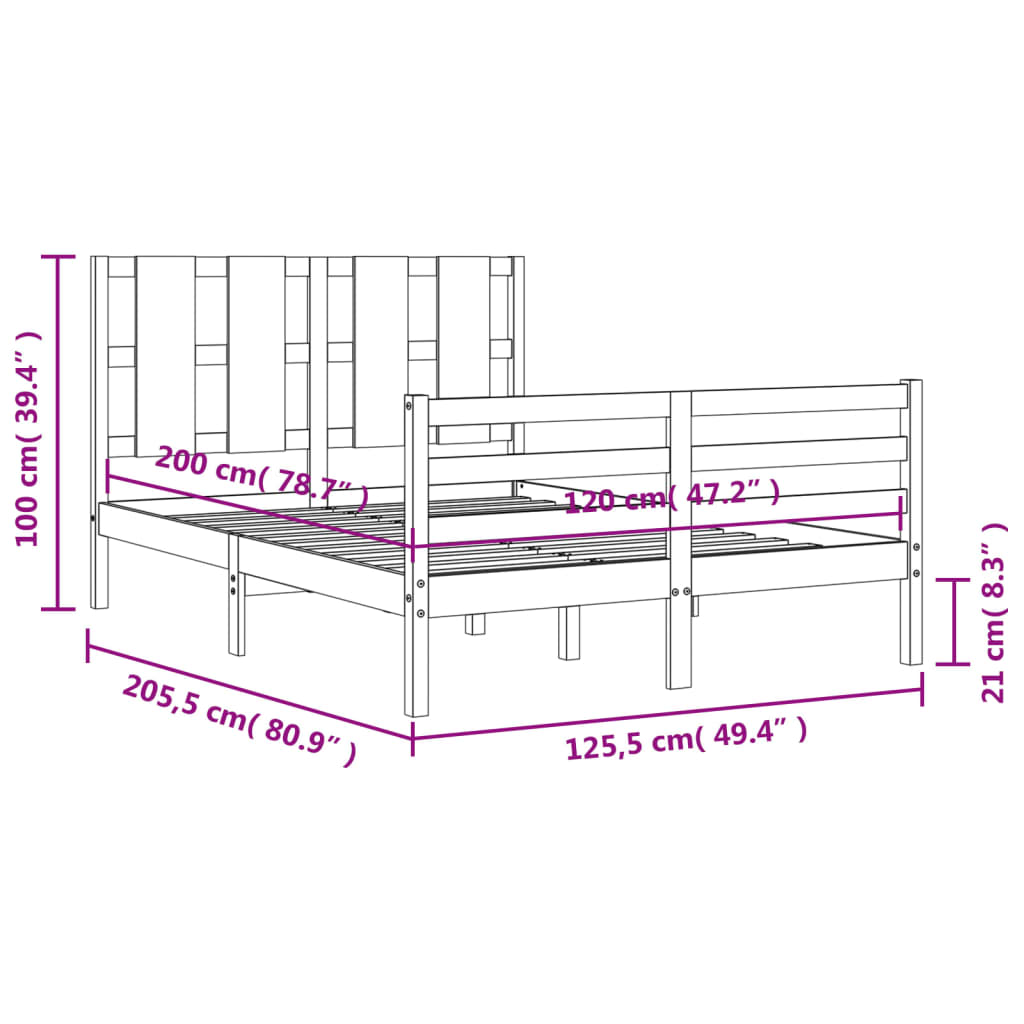 vidaXL Πλαίσιο Κρεβατιού με Κεφαλάρι Μαύρο 120x200 εκ. Μασίφ Ξύλο
