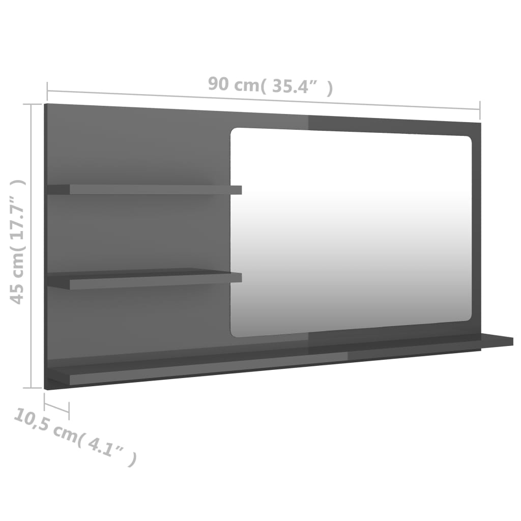 vidaXL Καθρέφτης Μπάνιου Γυαλιστερό Γκρι 90x10,5x45 εκ. Μοριοσανίδα