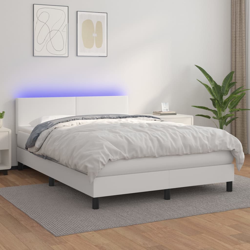 vidaXL Κρεβάτι Boxspring με Στρώμα & LED Λευκό 140x200 εκ. Συνθ. Δέρμα