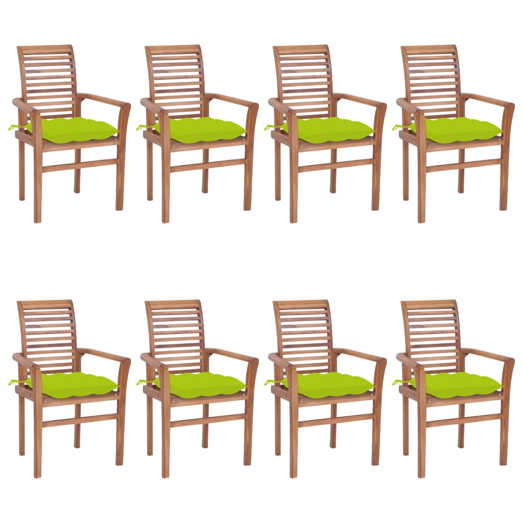 vidaXL Καρέκλες Τραπεζαρίας 8 τεμ. Ξύλο Teak & Φωτ. Πράσινα Μαξιλάρια
