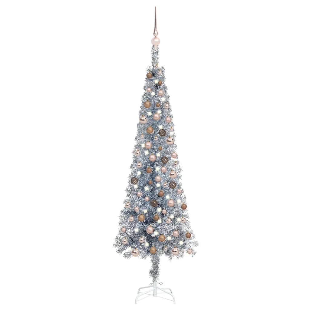 vidaXL Χριστουγεννιάτικο Δέντρο Προφωτ. Slim με Μπάλες Ασημί 180 εκ.